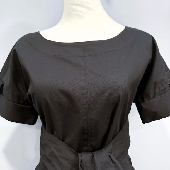 Donna Karan Tie Waist Shirt Dress Boat Neck Pockets Knee Black Size XXS