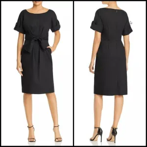 Donna Karan Tie Waist Shirt Dress Boat Neck Pockets Knee Black Size XXS