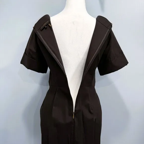 Donna Karan Tie Waist Shirt Dress Boat Neck Pockets Knee Black Size XXS