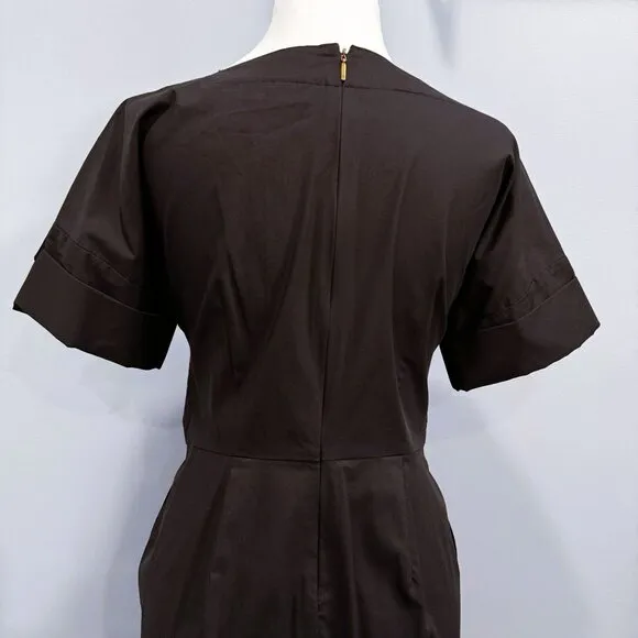 Donna Karan Tie Waist Shirt Dress Boat Neck Pockets Knee Black Size XXS