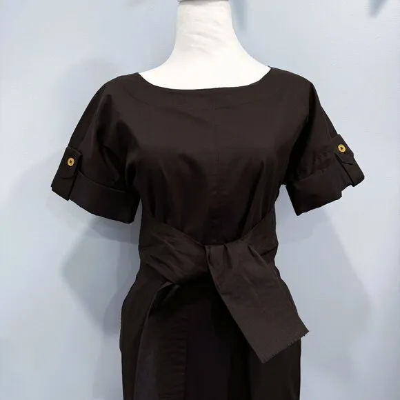 Donna Karan Tie Waist Shirt Dress Boat Neck Pockets Knee Black Size XXS