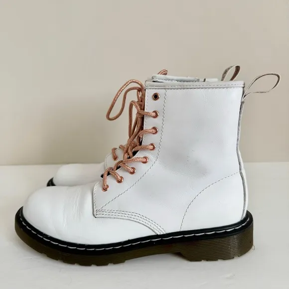 Dr Martens 1460 8-eye Youth lace up boots in white &amp; rose gold size US 5 M