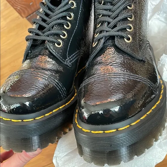 Dr. Martens Black Combat Boots with Chunky Sole - Sinclair, Distressed Patent 6
