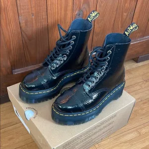 Dr. Martens Black Combat Boots with Chunky Sole - Sinclair, Distressed Patent 6
