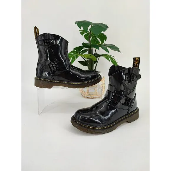 Dr. Martens Blip Jr Kids Patent Leather Black Biker Boots Size 2 US