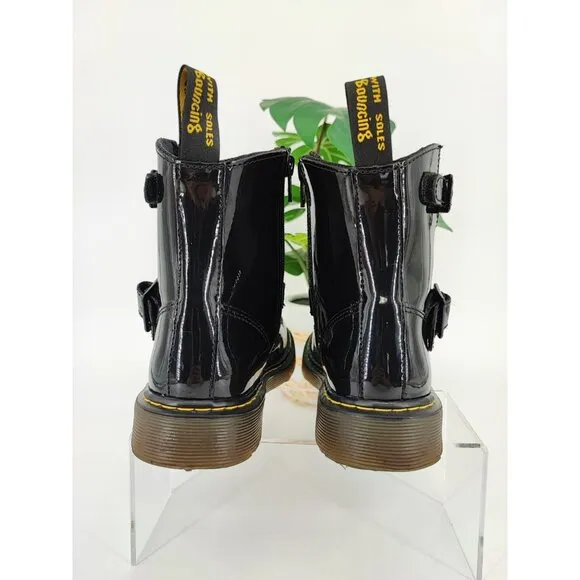 Dr. Martens Blip Jr Kids Patent Leather Black Biker Boots Size 2 US