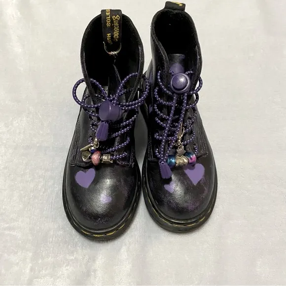 Dr. Martens girls made in England Black Boots with Purple Accents charms