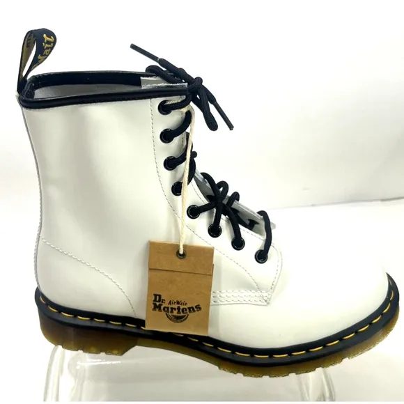 Dr Martens Womens White Combat Boots Women Size 10 Leather Black 8-Eye NWOB