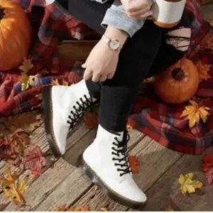 Dr. Martens Zavala Combat Boots Womens 11 Mens 10 White Patent Leather Lace-Up