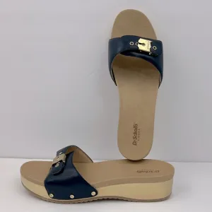 Dr Scholl’s SHOES, NAVY BLUE LEATHER TOP, ADJUSTABLE TOP STRAP, WOODEN SOLE, 8M