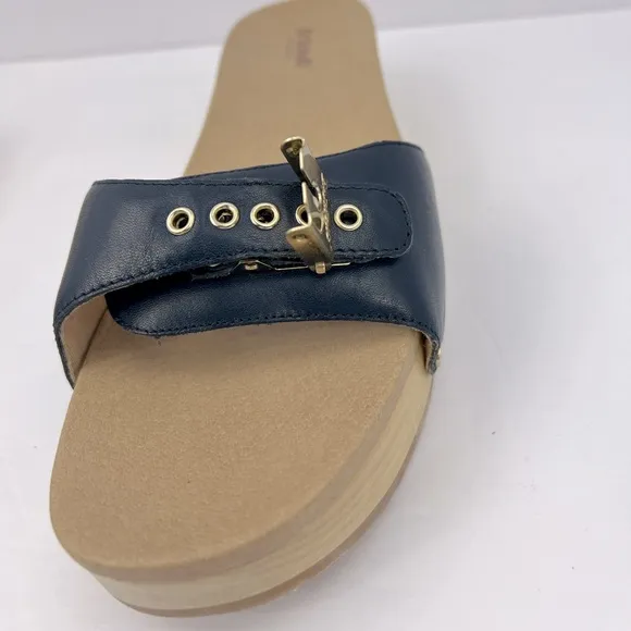 Dr Scholl’s SHOES, NAVY BLUE LEATHER TOP, ADJUSTABLE TOP STRAP, WOODEN SOLE, 8M
