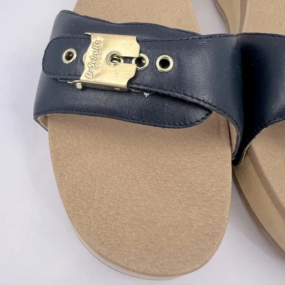 Dr Scholl’s SHOES, NAVY BLUE LEATHER TOP, ADJUSTABLE TOP STRAP, WOODEN SOLE, 8M