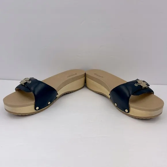 Dr Scholl’s SHOES, NAVY BLUE LEATHER TOP, ADJUSTABLE TOP STRAP, WOODEN SOLE, 8M