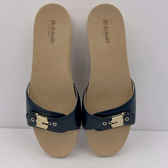 Dr Scholl’s SHOES, NAVY BLUE LEATHER TOP, ADJUSTABLE TOP STRAP, WOODEN SOLE, 8M