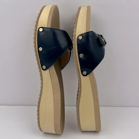 Dr Scholl’s SHOES, NAVY BLUE LEATHER TOP, ADJUSTABLE TOP STRAP, WOODEN SOLE, 8M