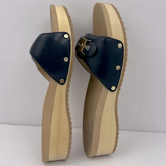 Dr Scholl’s SHOES, NAVY BLUE LEATHER TOP, ADJUSTABLE TOP STRAP, WOODEN SOLE, 8M