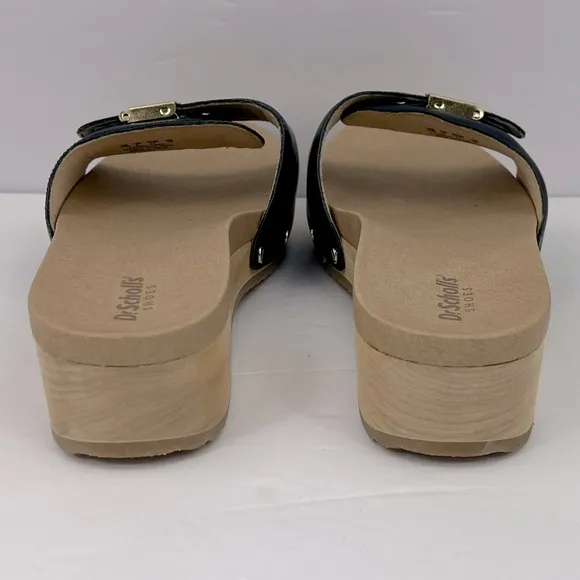 Dr Scholl’s SHOES, NAVY BLUE LEATHER TOP, ADJUSTABLE TOP STRAP, WOODEN SOLE, 8M