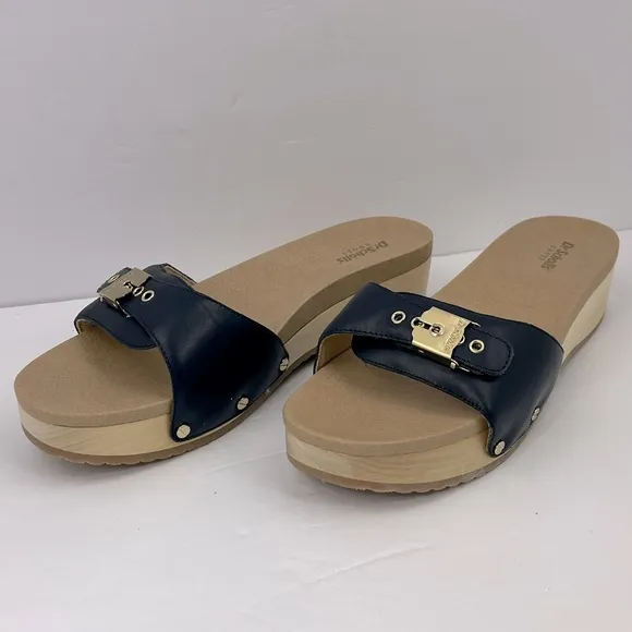 Dr Scholl’s SHOES, NAVY BLUE LEATHER TOP, ADJUSTABLE TOP STRAP, WOODEN SOLE, 8M