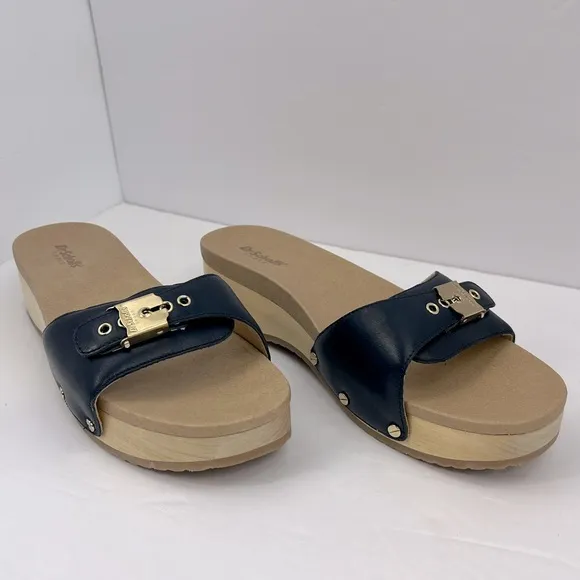 Dr Scholl’s SHOES, NAVY BLUE LEATHER TOP, ADJUSTABLE TOP STRAP, WOODEN SOLE, 8M