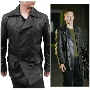 Dr. Who Christopher Eccleston Black Leather Coat Jacket By Feather Skin Size XXS