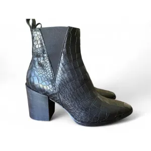 Dune 8.5 Women’s Black Printed Leather Pouring Croc-Embossed Heeled Ankle Boots