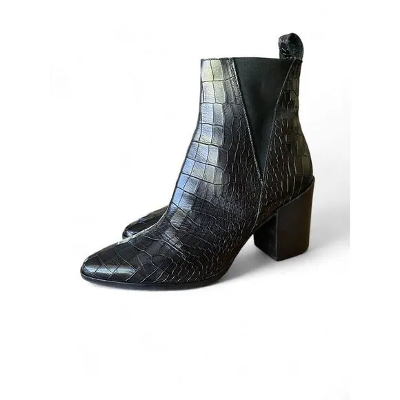 Dune 8.5 Women’s Black Printed Leather Pouring Croc-Embossed Heeled Ankle Boots