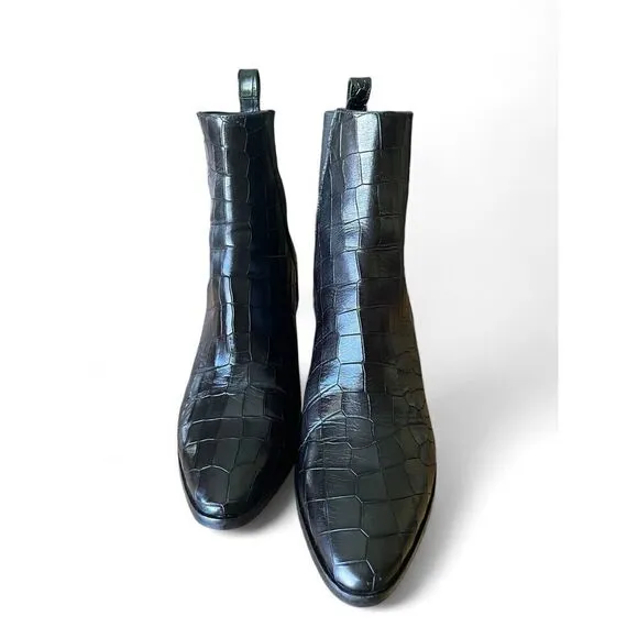 Dune 8.5 Women’s Black Printed Leather Pouring Croc-Embossed Heeled Ankle Boots