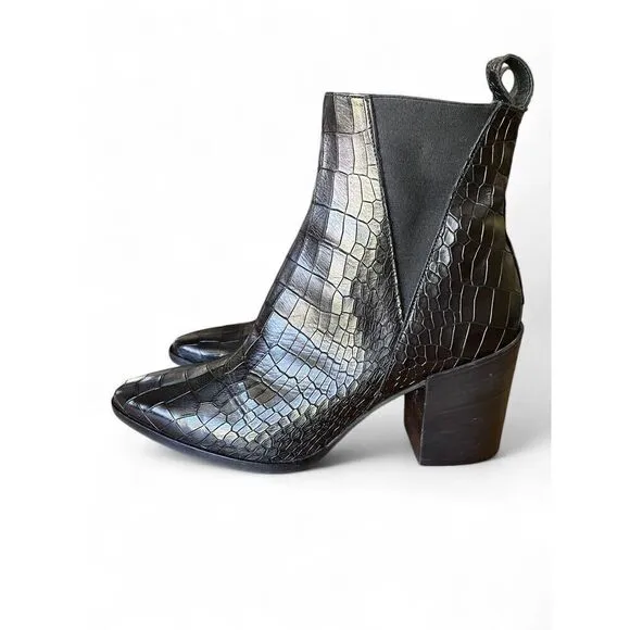 Dune 8.5 Women’s Black Printed Leather Pouring Croc-Embossed Heeled Ankle Boots