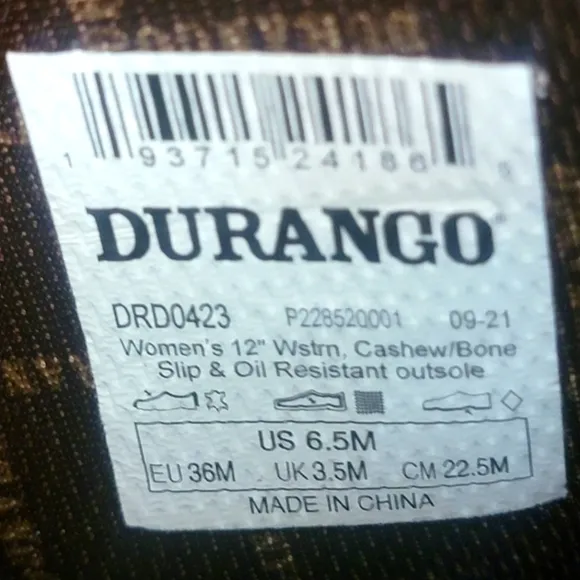 Durango Womens Size 6.5M DRD0423 Western Boots Cashew/Bone Oil Resistant New
