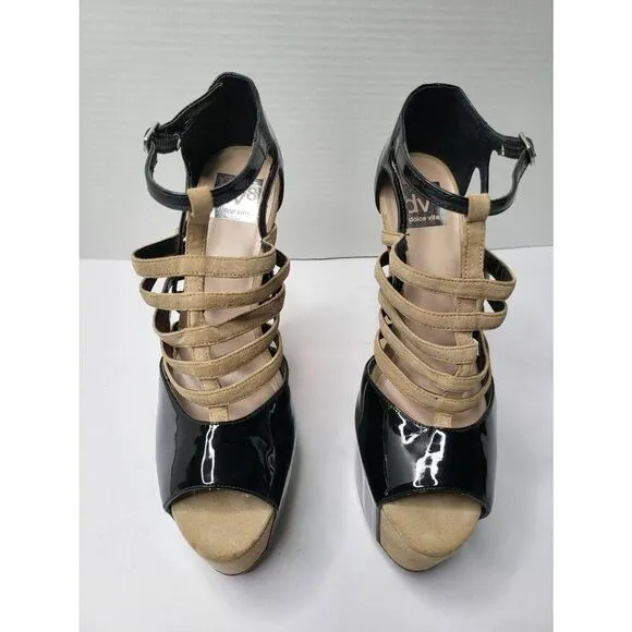 DV8 Dolce Vita Harleta Suede Nude Black Heels Open Toe Retro Strappy Shoes 8.5