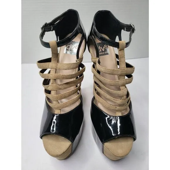 DV8 Dolce Vita Harleta Suede Nude Black Heels Open Toe Retro Strappy Shoes 8.5