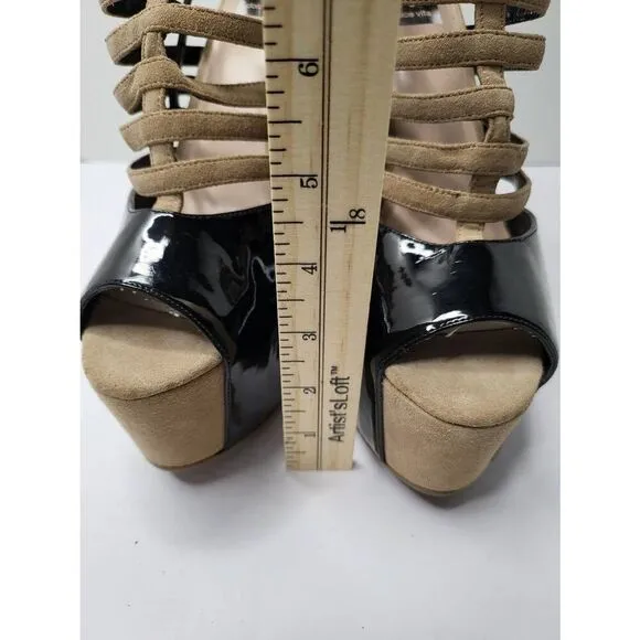DV8 Dolce Vita Harleta Suede Nude Black Heels Open Toe Retro Strappy Shoes 8.5