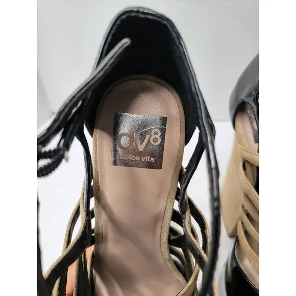 DV8 Dolce Vita Harleta Suede Nude Black Heels Open Toe Retro Strappy Shoes 8.5