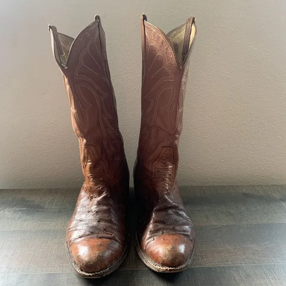 El Dorado OSTRICH Leather MENS COWBOY BOOTS 12.5D Tan Unmarked Boots READ
