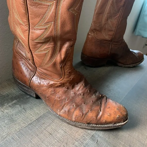 El Dorado OSTRICH Leather MENS COWBOY BOOTS 12.5D Tan Unmarked Boots READ