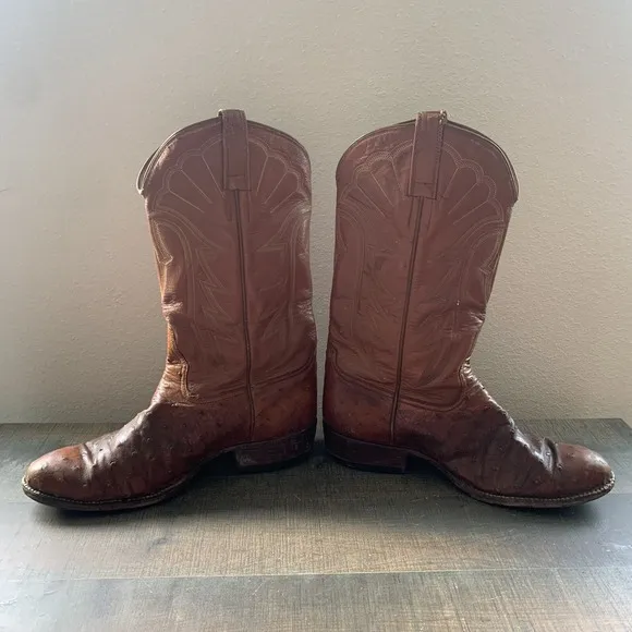 El Dorado OSTRICH Leather MENS COWBOY BOOTS 12.5D Tan Unmarked Boots READ