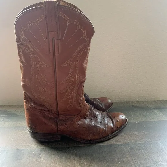 El Dorado OSTRICH Leather MENS COWBOY BOOTS 12.5D Tan Unmarked Boots READ