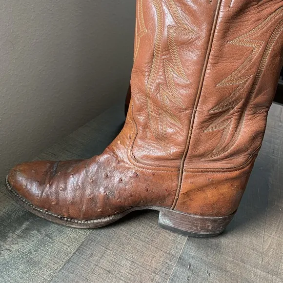 El Dorado OSTRICH Leather MENS COWBOY BOOTS 12.5D Tan Unmarked Boots READ