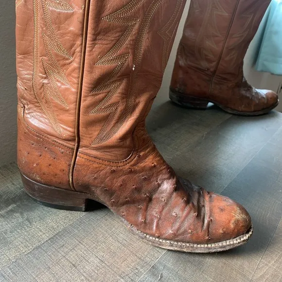 El Dorado OSTRICH Leather MENS COWBOY BOOTS 12.5D Tan Unmarked Boots READ