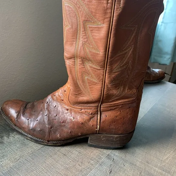 El Dorado OSTRICH Leather MENS COWBOY BOOTS 12.5D Tan Unmarked Boots READ
