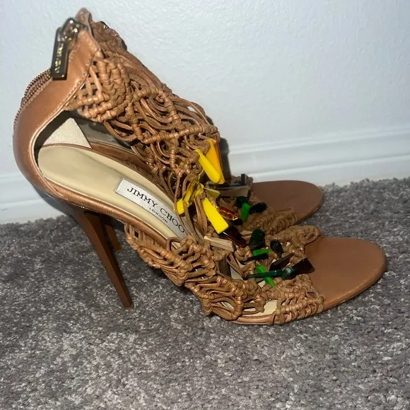 Elegant Tan Women's Heels Jimmy choo open toe  zipper back heels NWOB