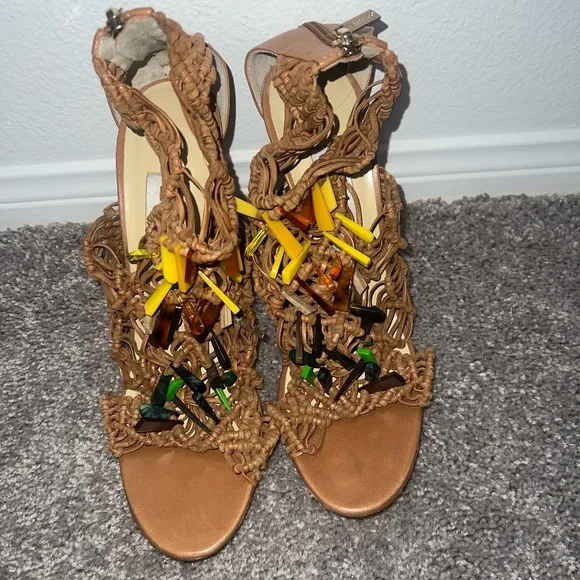 Elegant Tan Women's Heels Jimmy choo open toe  zipper back heels NWOB