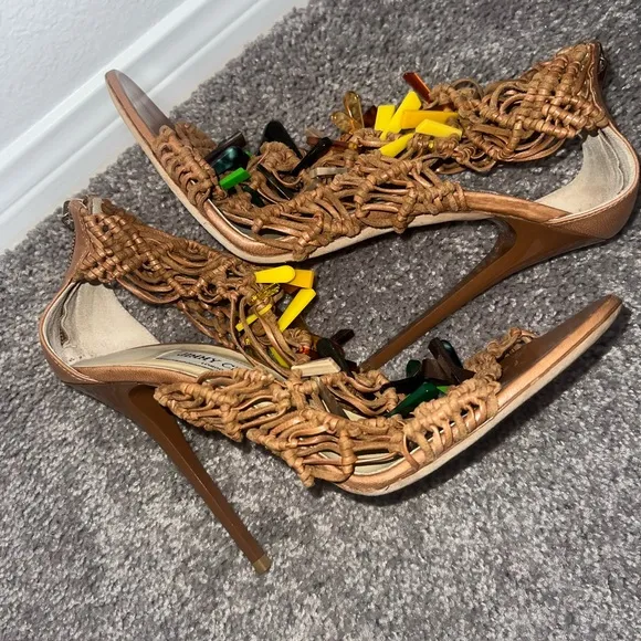 Elegant Tan Women's Heels Jimmy choo open toe  zipper back heels NWOB