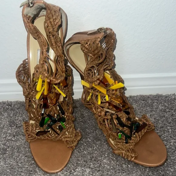 Elegant Tan Women's Heels Jimmy choo open toe  zipper back heels NWOB