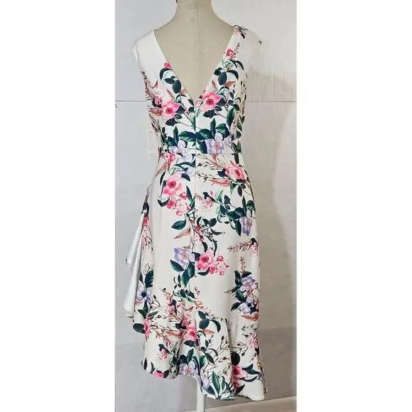 ELIZA J Boat Neck Asymmetrical Cascade  Floral‎ Sleeveless Ruffle Sheath Dress 4