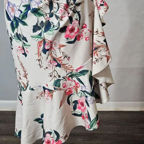 ELIZA J Boat Neck Asymmetrical Cascade  Floral‎ Sleeveless Ruffle Sheath Dress 4