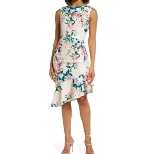 ELIZA J Boat Neck Asymmetrical Cascade  Floral‎ Sleeveless Ruffle Sheath Dress 4