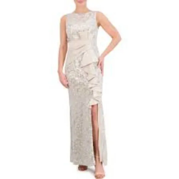 Eliza J Formal Evening Gown Sequin Lace Sleeveless Satin Ruffle SZ 6 Champagne