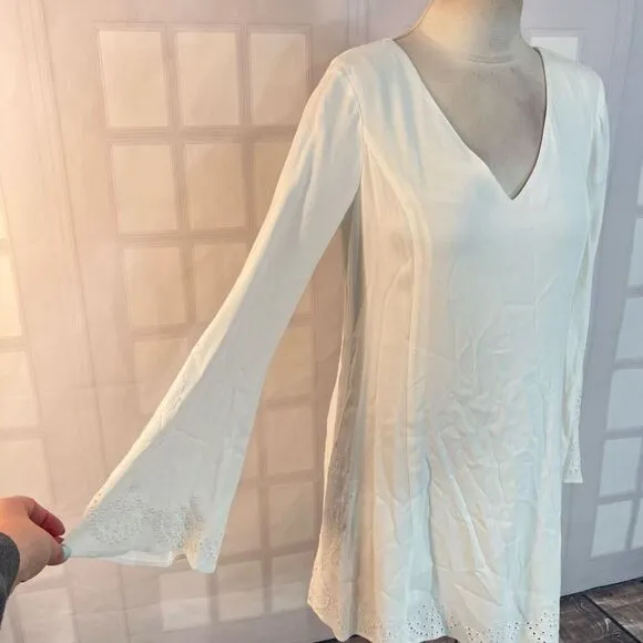 Ella Moss Dana Long-Sleeve Embroidered Dress, White size small