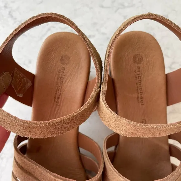 Eric Michael Tan Sandals / Open Toe Wood Platform Heel Shoes / 40 / US 9